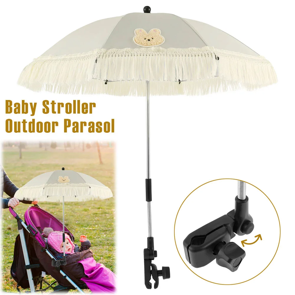 

Baby Stroller Outdoor Parasol UPF40 Cute Clip On Sunshade Parasol Adjustable Baby Stroller Umbrella with Tassel for Pushchair