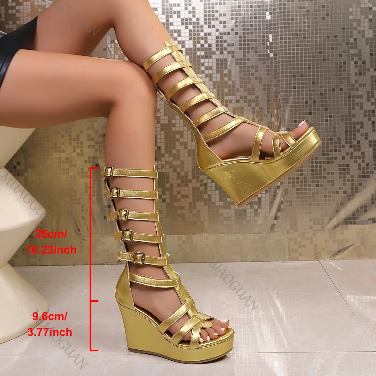 Women's 2026 Summer Fashion Gold Roman Knee-High Wedge Sandals Peep Toe Ultra High Heel Belt Buckle Gladiator Sandales Shoes