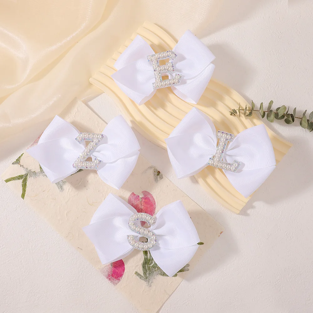 2026 New Fashion 26 Letter Rhinestone Imitation Pearl Hair Clip For Women Girls Sweet Pink White Red Ribbon Bow Hair Barrettes - view 3
