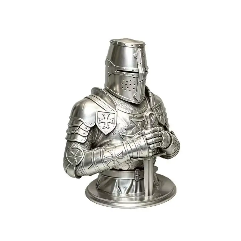 3D Printed Silver Templar Knight Bust Statue Gothic Sculpture Historical Ornament for Desktop Home Decor Collectible Gift