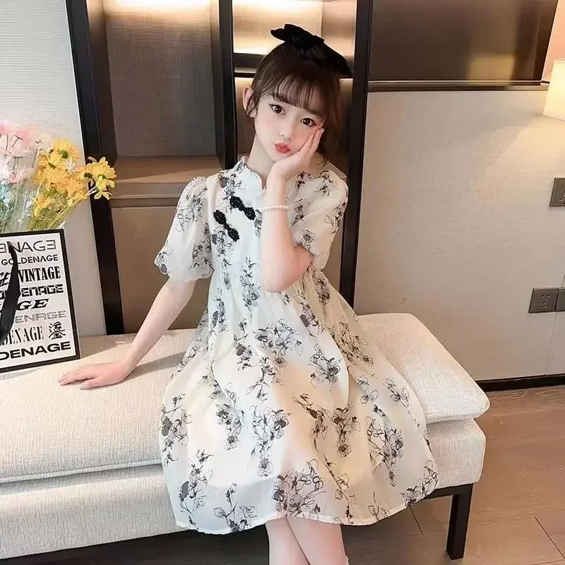 الأطفال الأميرة النمط الصيني فيستدو في سن المراهقة 10 11 12 سنة موضة طفلة فستان الصيف عادية الاطفال الشيفون شيونغسام فساتين #5