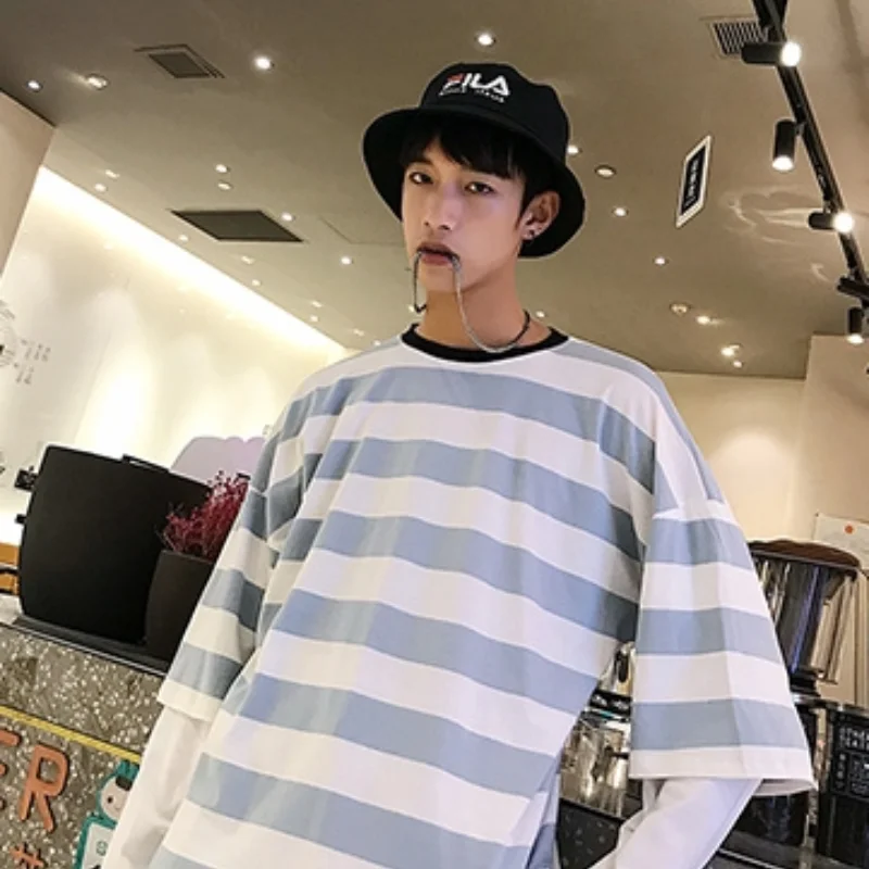 Striped Long-sleeved Female Ins Tide Spring and Autumn Thin Loose Korean Bottoming Shirt Fake Two Lazy Wind Joker Clothes.