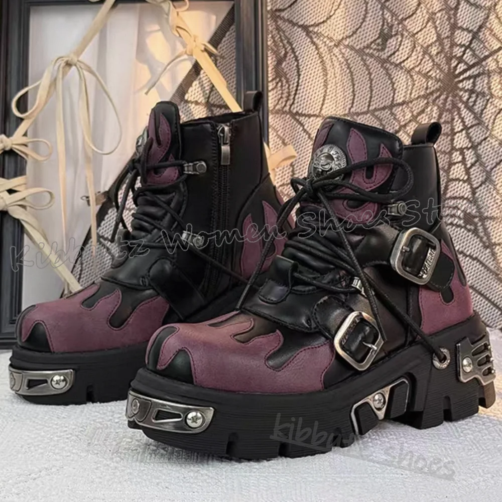 

Flame Embroidery Ankle Modern Boots Leather Metal Decor Mixed Color Fashion Novelty Sexy Elegant Punk Rock Gothic Spicy Girl New
