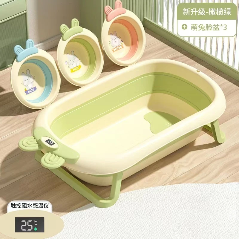 Foldable Portable Collapsible Baby Bath Tub Large Size for Newborn Toddler Kids with Sitting Lying Support Temperature Sensing
