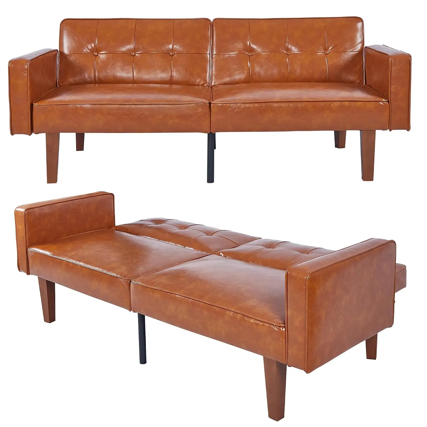 Brown PU Leather Futon Bed Split Back, Mid Century Convertible Sleeper, 68.11