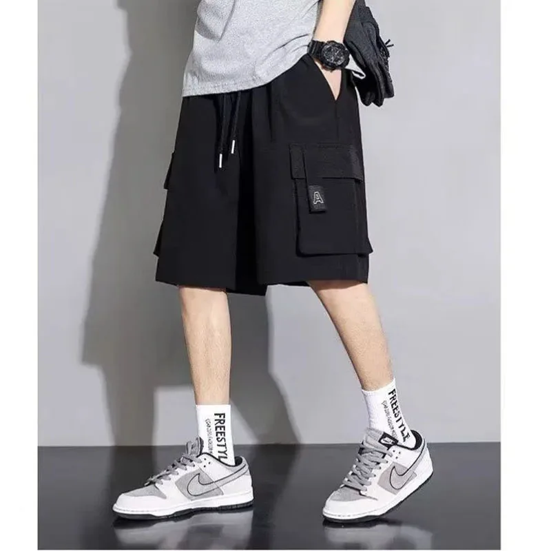 2024 Retro Work Shorts New Men's Elastic Drawstring Pockets Solid Color Fashion Thin and Versatile Ice Silk Casual Knee Pants