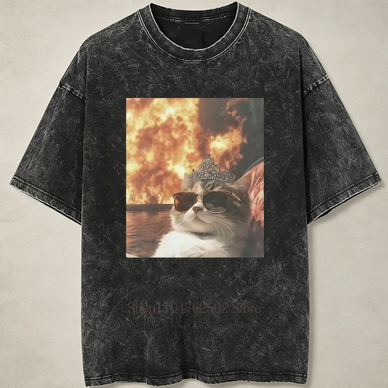 Retro Coole Katzenmuster-Print Gewaschene T-Shirts für Männer und Frauen Sommer Casual Mode Streetwear Y2K Hip Hop O-Ausschnitt Kurzarm-Shirts – Detail 5