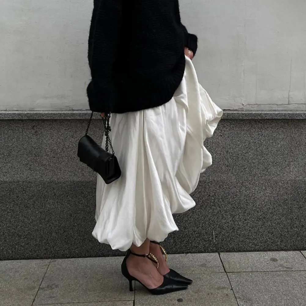 Sweet Maxi Skirt Solid Color Satin  Style Long Skirt Balloon Skirt Spring and Summer Women's High Waist Pleated Long Skirts