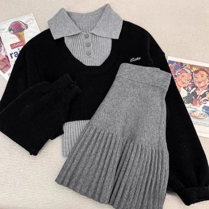 Korean Style Set American Retro Spicy Girl Design Sense Short Knitted Sweater Women's Knitted Short Skirt Three Piece Set Women