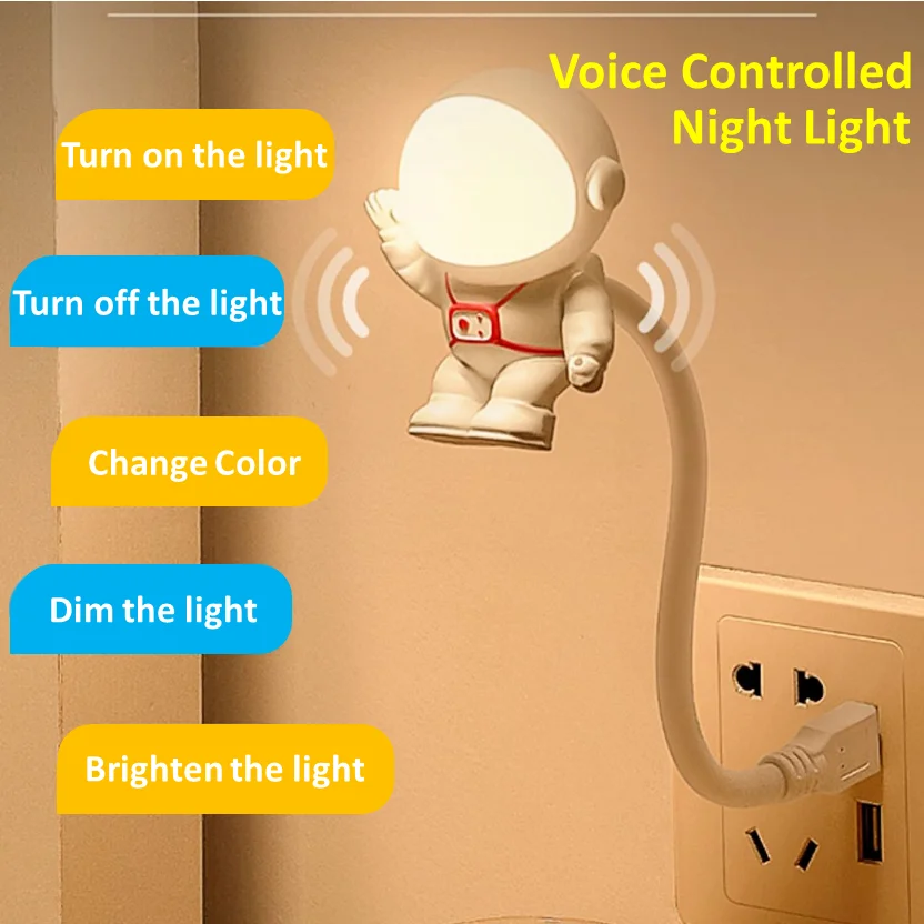 

Astronaut USB Night Light Voice Control Mini LED USB Plug Eyes Protection LED Sound Sensor Bedroom Reading Desk Lamp Gift