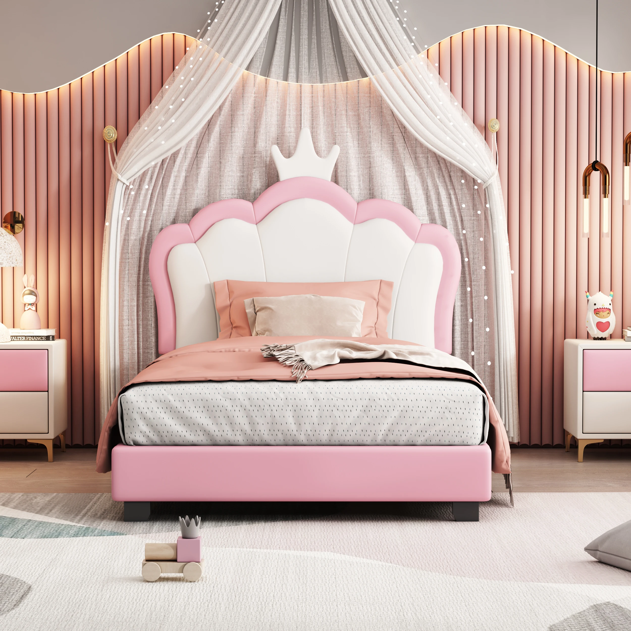 Twin Size Upholstered Princess Bed with Crown Headboard and Footboard, White + Pink   80x46.50x44 in.