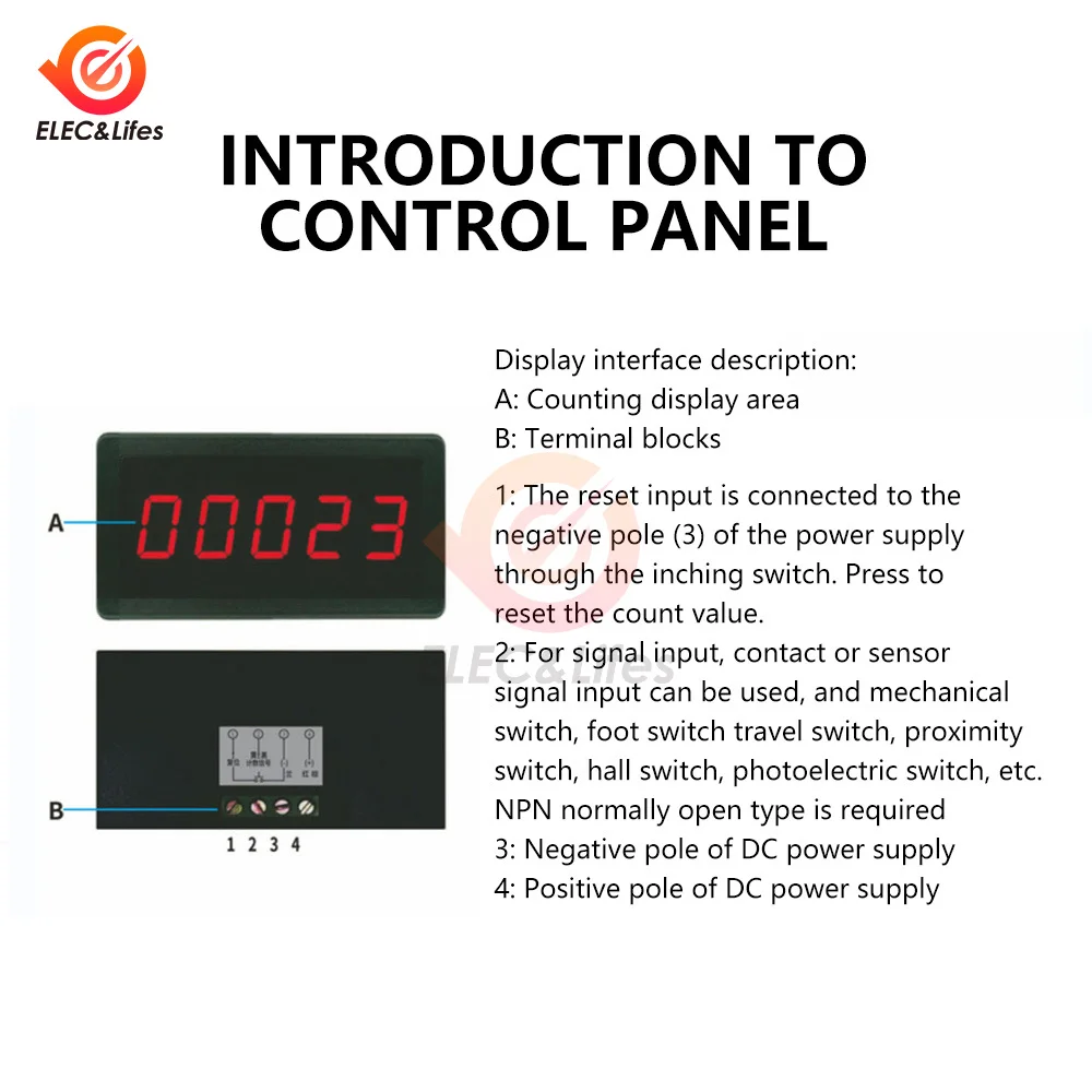 RS5135 LED Digital 5 Digits Electronic Counter DC12-24V Counting 0-99999 Display Panel Meter Totalizing Type Electronic Counter