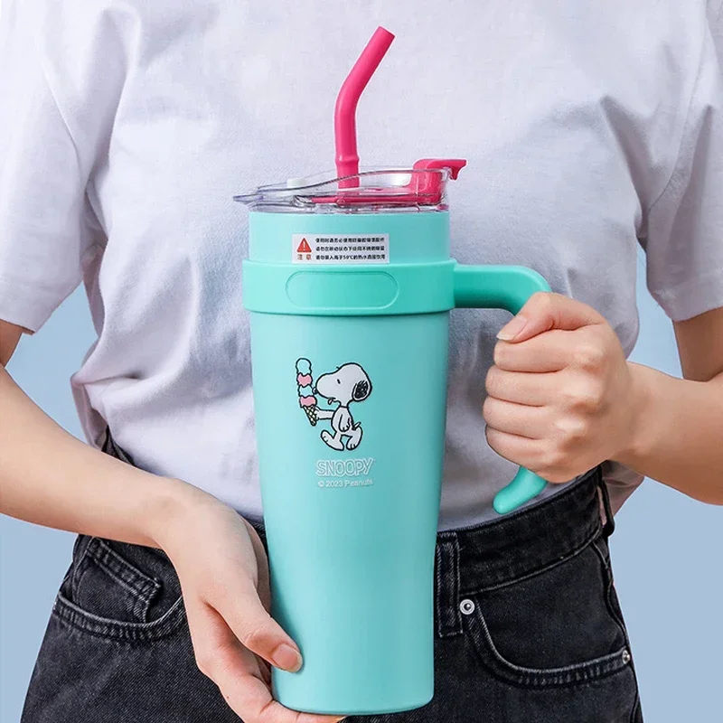 Original 1250ML Snoopy Thermos Coffee Cup with Straw Large Capacity Stainless Steel Thermal Water Bottle Cold Hot Cartoon Cup