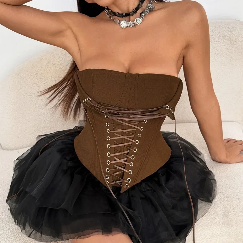 Women Sexy Grommet Lace Up Fishbone Corset Strapless Backless Waist Cincher Slim Tank Casual Streetwear Tube Tops Clubwear Vests