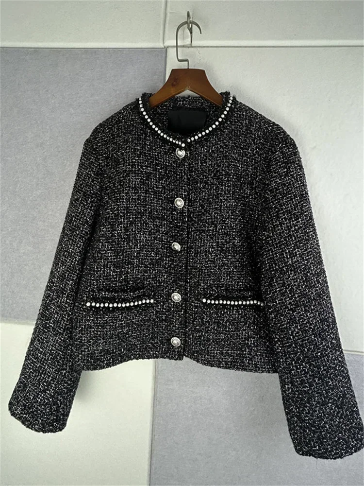Women's Tweed Pearl Decorative Edge Single Breasted Coat Female O-Neck Elegant Long Sleeve Short Jacket