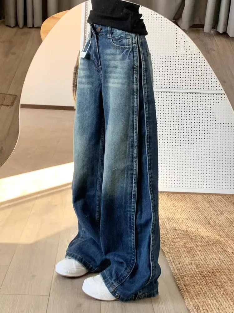 

Американские ретро-джинсы прямого кроя для женщин больших размеров, с высокой талией, свободные, широкие, в пол, в повседневном стиле