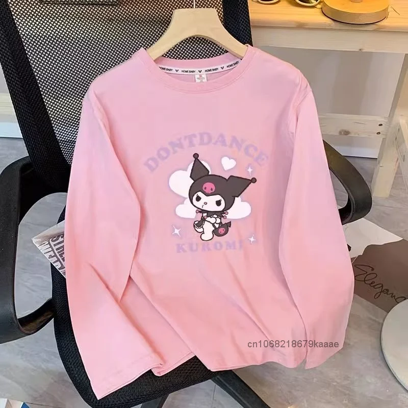 Sanrio Kuromi Cotton Long Sleeved T-shirt Women\'s Autumn New Fashion Loose Casual Tees Japanese Style Simple Cute Versatile Top