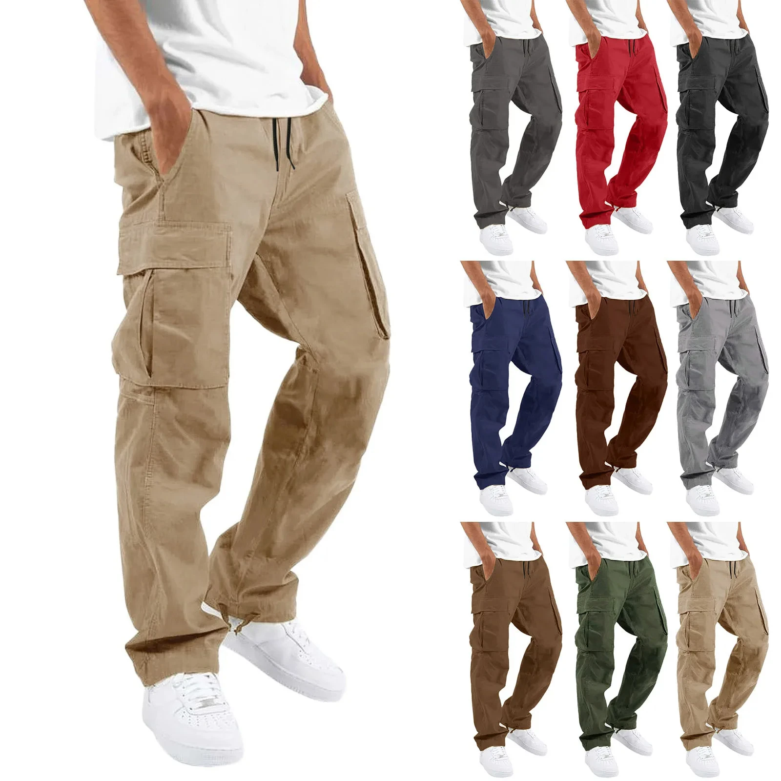 New Hot Full-length Men\'s Cargo Pants Breathable Pants Solid Color Loose Multi-pocket Men\'s Cargo Pants Drawstring Pocket Pants