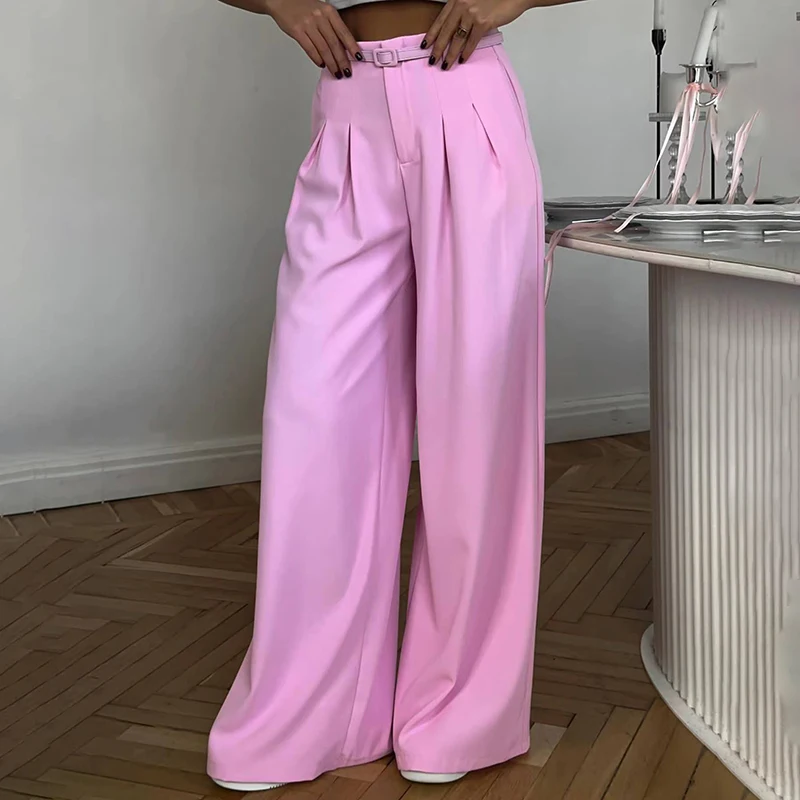 

2024 Summer Slim Wide Leg Suit Pants High Waist Pants French Pink Casual Floor Towers Women's Versatile Draping Feel Trousers