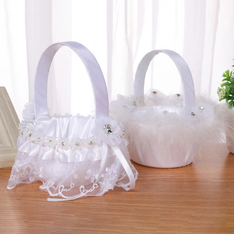 1Pc Elegant Wedding Supplies Flower Basket Simulation Petals Party Home Decor-Gift Woven Flower Basket Hand-Held Basket Wedding