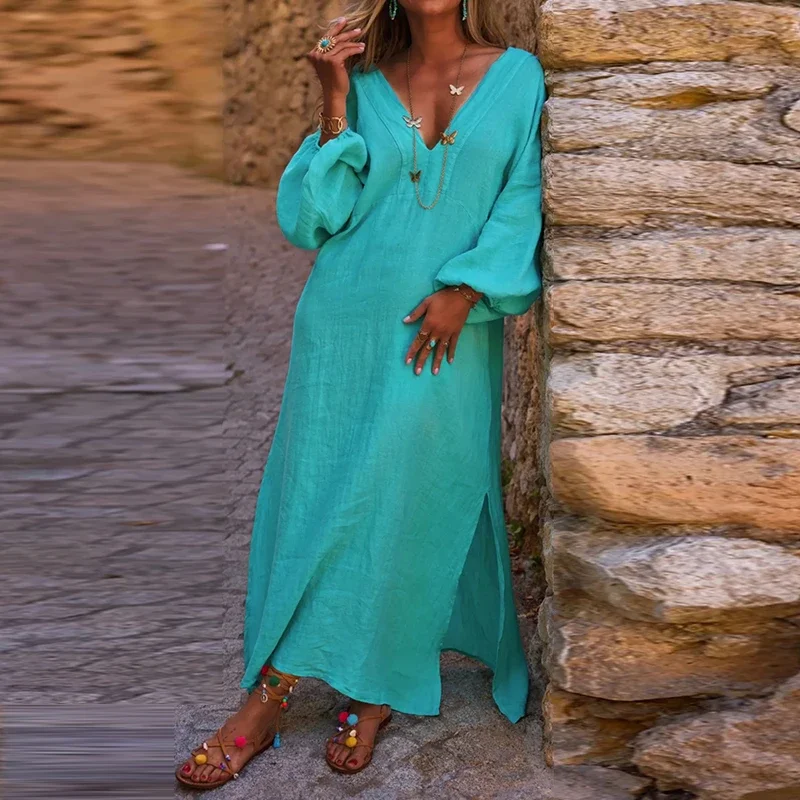 

Fashion Side Split Holiday Party Dress 2024 Women Elegant Deep V Loose Long Dress Casual Long Sleeve Solid Color Bohemian Dress