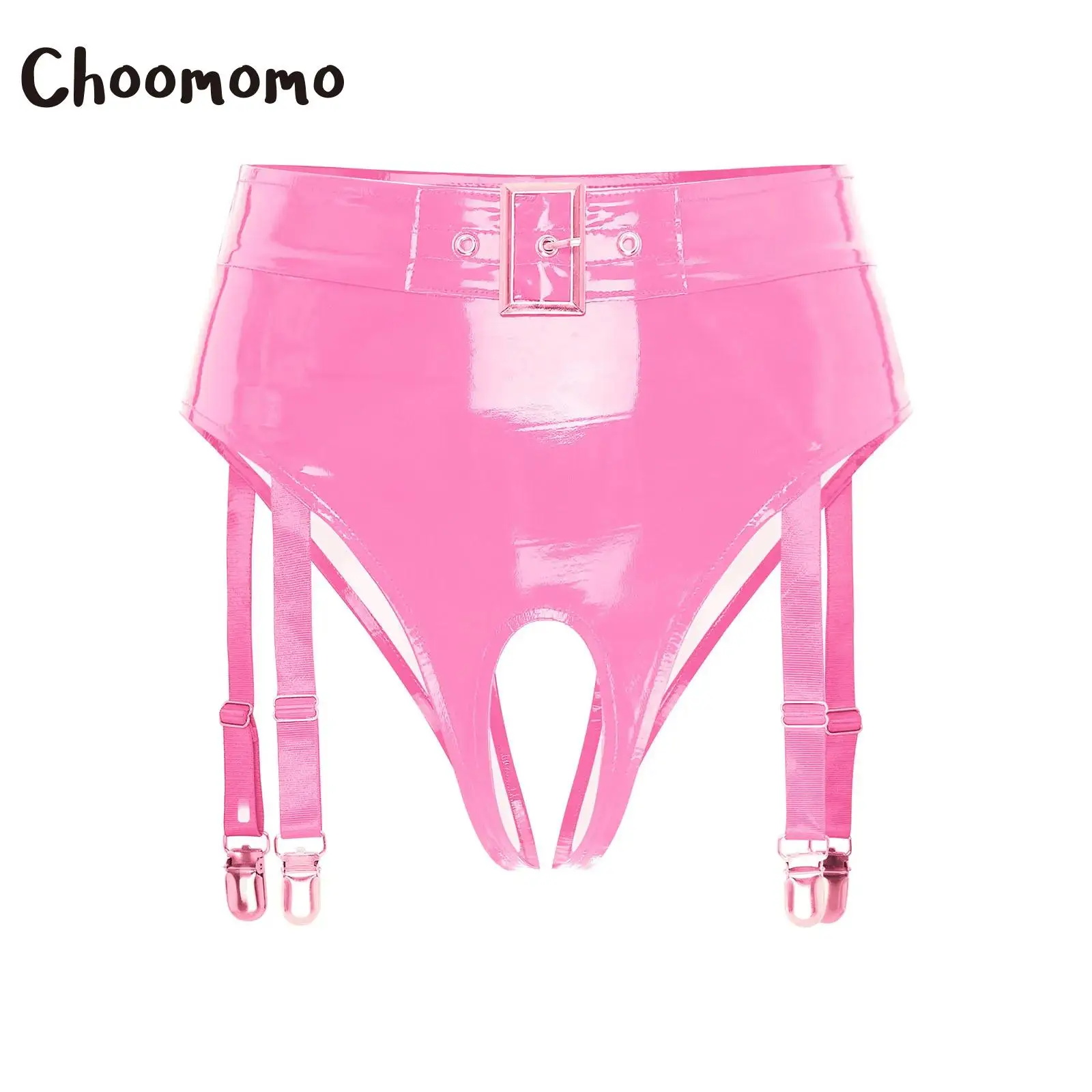 Womens Wet Look Patent Leather High Waist Buckle Crotchless Thong Panties with Metal Clips Sexy Gater Briefs Lingerie Underwear