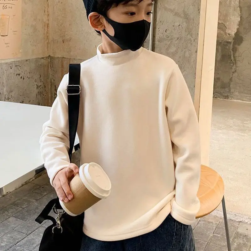New Baby Boys T shirt Fashion Autumn Winter Solid Thermal Long Sleeve Casual High Collar Thin Velvet Heating Tops 6 8 10 12 Year
