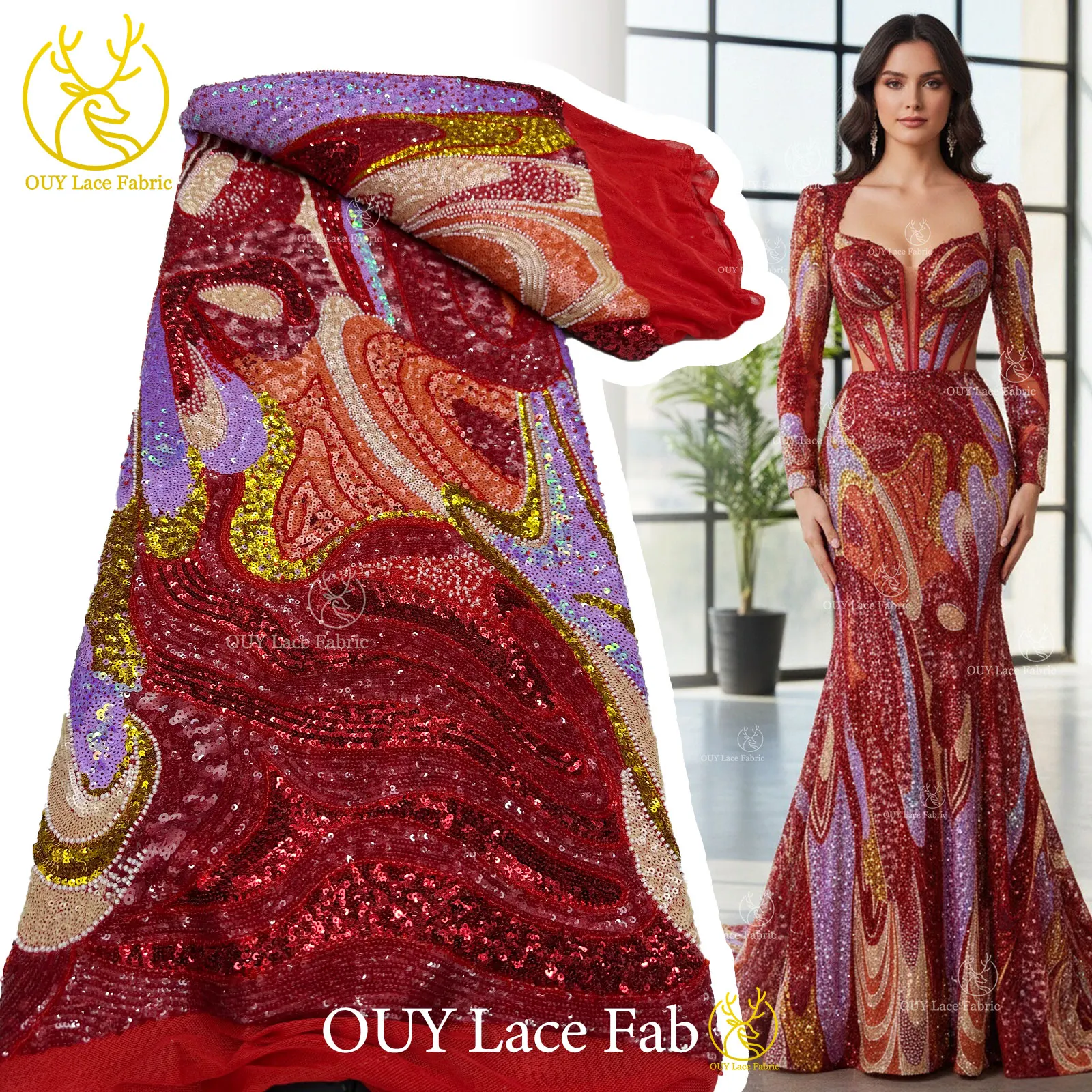 

Gorgeous Colorful Women Wedding Party Dress Lace Fabric Handmade Beaded Embroidery Full Sequins African High Quality Lace Fabric