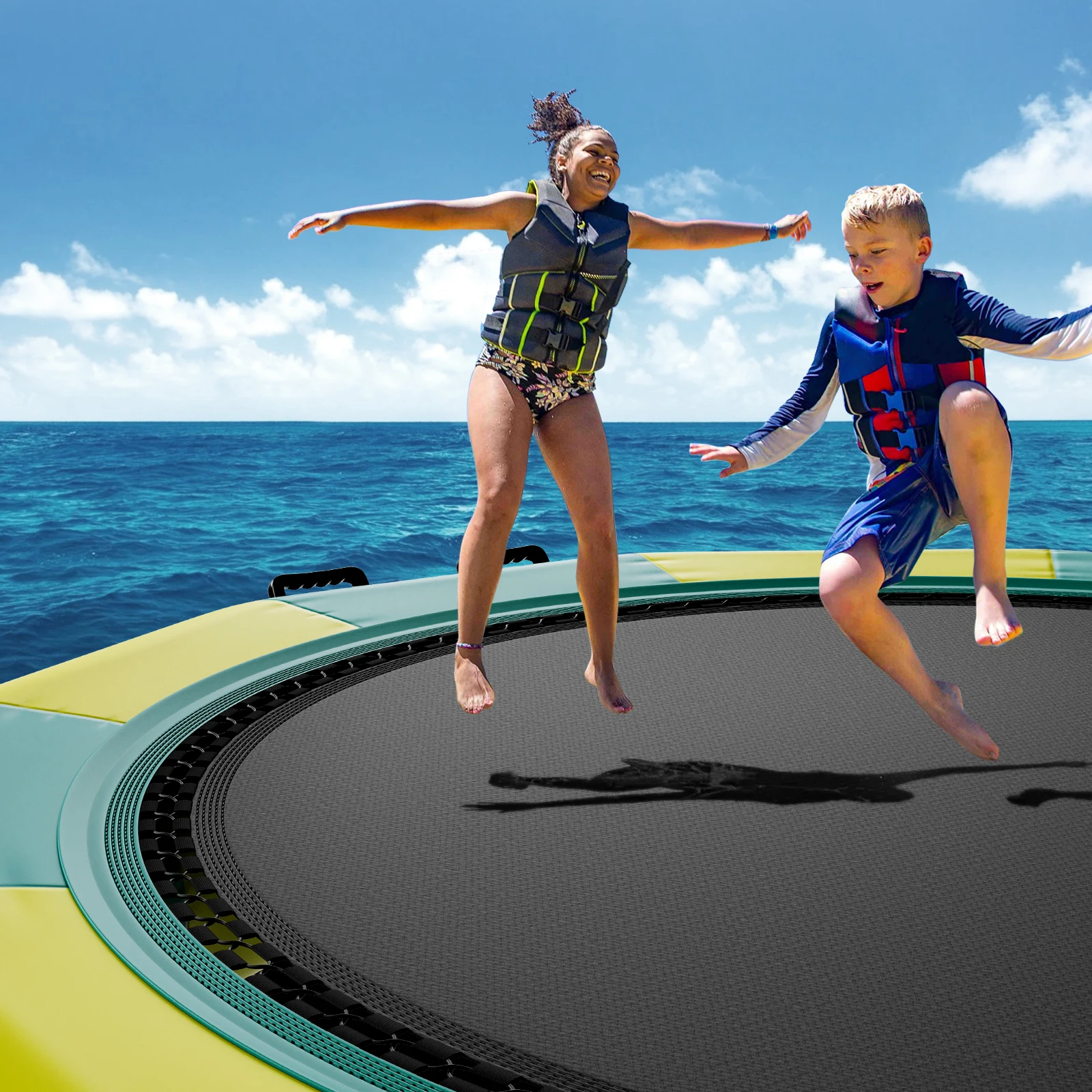 SucceBuy 12ft Inflatable Water Bouncer แทรมโพลีนน้ําเพื่อการพักผ่อนหย่อนใจแบบพกพา Bounce ว่ายน้ําแพลตฟอร์มสไลด์ 3 ขั้นตอนบันได