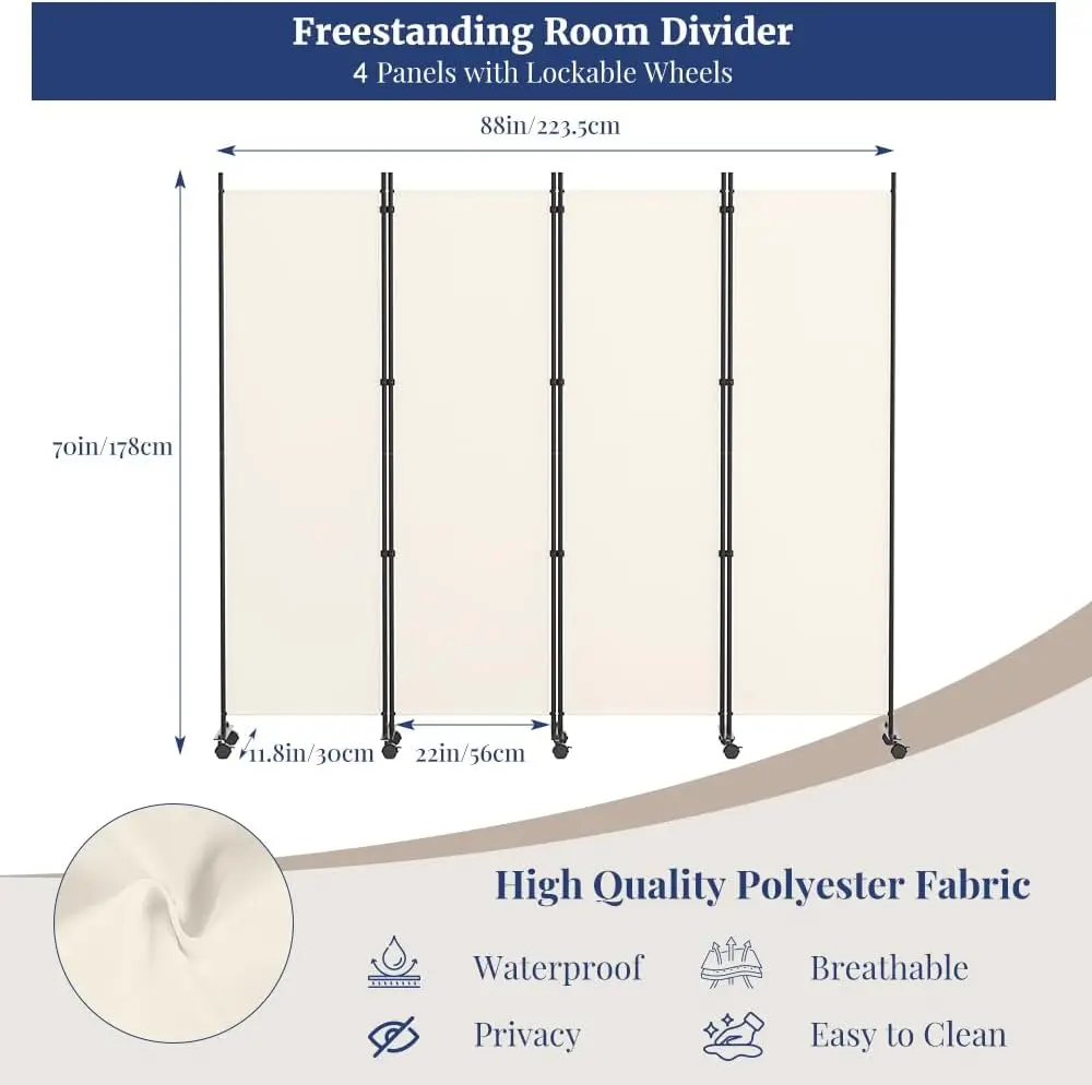 4 Panel Rolling Room Divider, 6FT Tall Portable Privacy Screen with Lockable Wheels, Folding Wall Dividers for Room Separation, Gap Strips Included, Beige, 88''W x 70''H