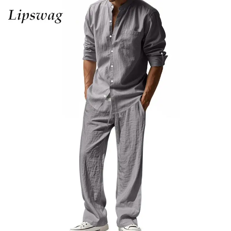 

Leisure Pure Color Linen Breathable Sets Men Seaside Beach Spring Summer Two Pieces Mens Outfits Vintage Long Sleeve Loose Suits