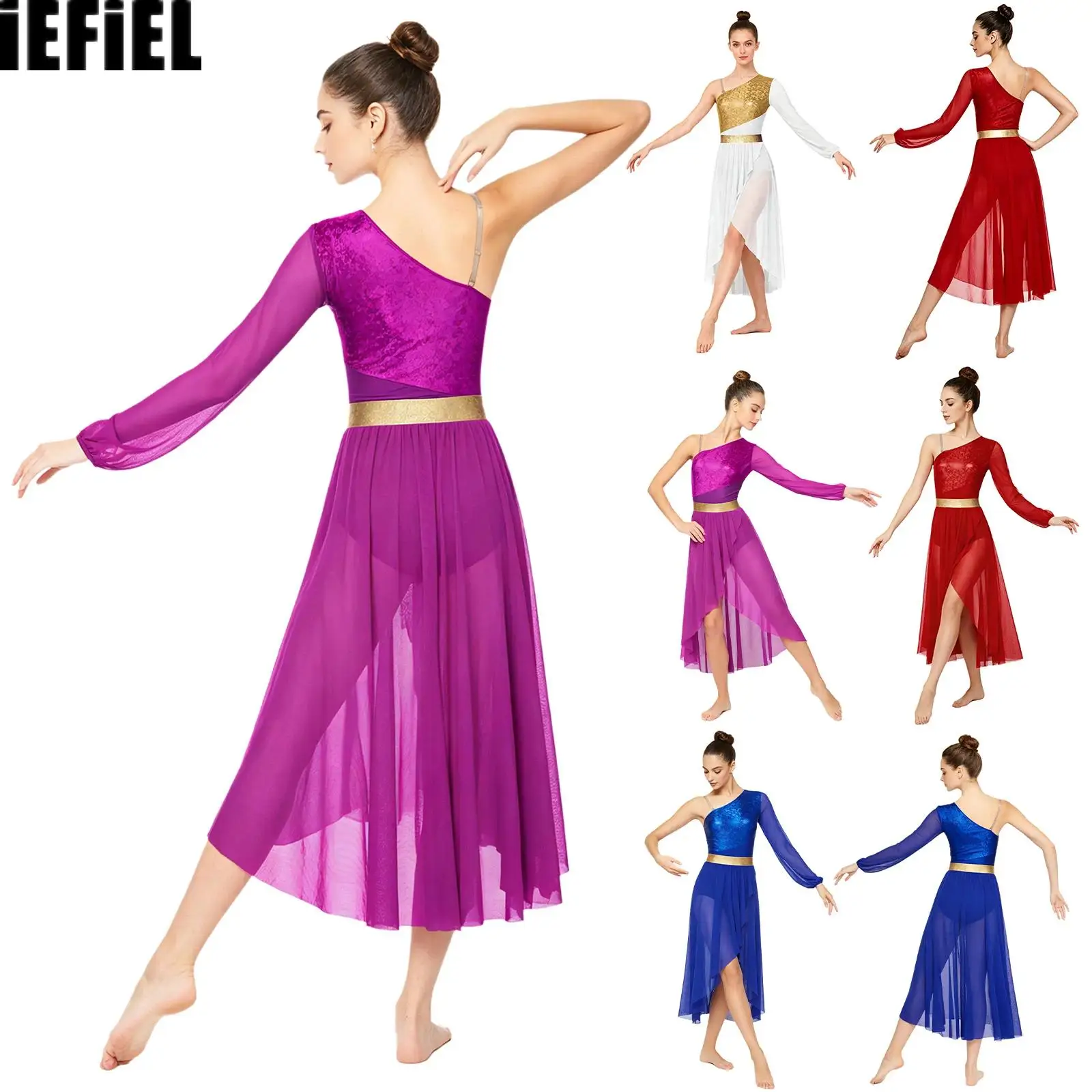 

Womens Metallic Lyrical Dance Dress One Shoulder Long Sleeve Shiny Bodice Irregular Mesh Hem Built-in Briefs Liturgical Worship