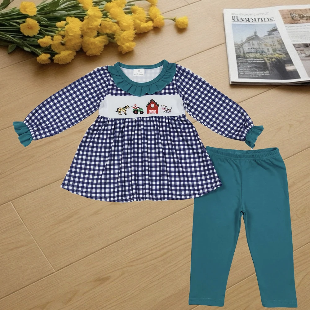 

9.24 Kids Winter Clothes For Girls Baby Girls Green Gingham Farm Tunic Top Legging Clothes Sets