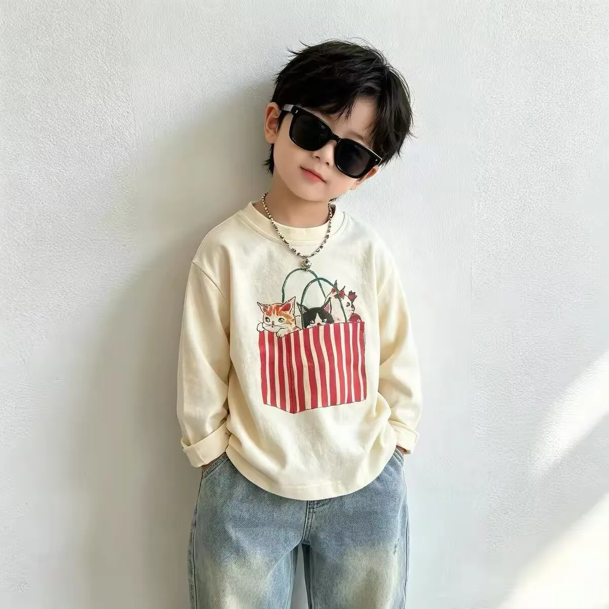 2026 Autumn Girls Boys Cute Cartoon Print Soft Cotton Long Sleeve T-shirts Three Designs Kids Children Tee