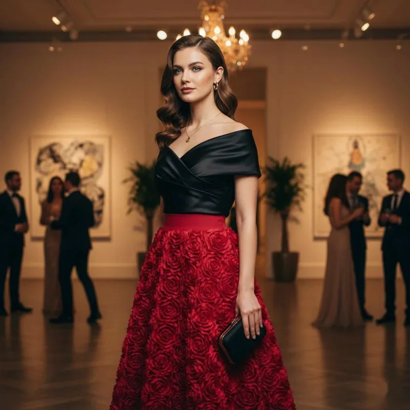 Women’s Elegant Red Floral Texture Long Skirt High Waist Design Soft Fabric Flowing Style For Party Banquet Holiday Evening Wear