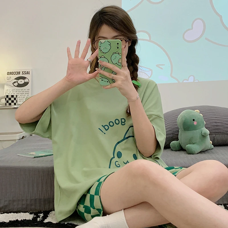 

2PCS Summer Women Pajama Sets Korean Loose Dinosaur Pattern Pijama Mujer Sleepwear Cotton Pullover Pyjama Femme Loungewear