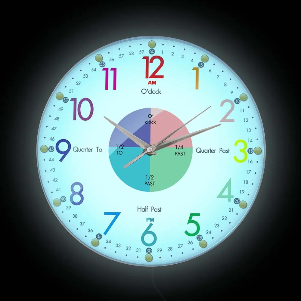 Learning Telling Time Modern Design LED Wall Clock For Nursery Kid Room Preshool Educational Lighting Clock Bedside Night Lamp