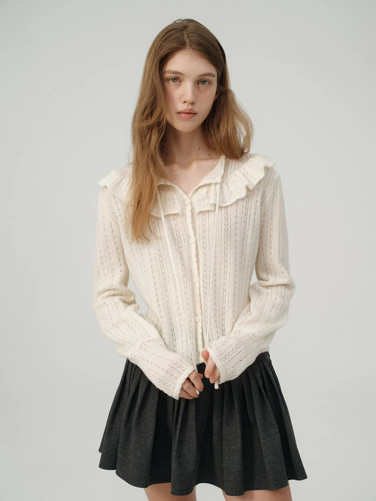 

Вязаный кардиган в стиле принцессы с поясом, приталенный, цветной, весна-лето, новая корейская версия, ажурный кружевной топ Eight Milk