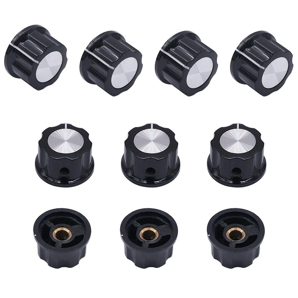 Upgrade Multiple Devices Effortlessly with 10pcs Potentiometer Knobs 6 mm Dia Shaft Silver Tone Top Rotary Knobs Black A03