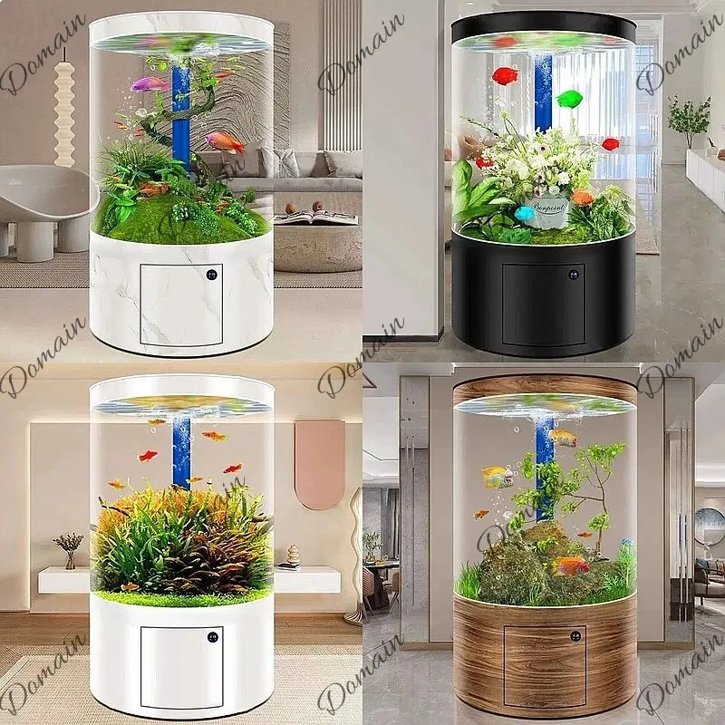 New Cylindrical Floor Standing Glass Aquarium Tank with Auto Circulation No Water Change for Home Living Room Goldfish Koi