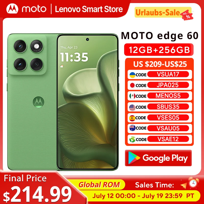Original Motorola MOTO edge 60 Smartphone 5G Global ROM 6.7‘’ 1.5K 120Hz pOLED Display IP68 MediaTek Dimensity 7400 Cellphone