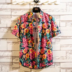 New Style Plus Size 5XL Summer Mens Short Sleeve Hawaiian Shirts Cotton Casual Floral Shirts Wave Regular Mens Clothing Fashion