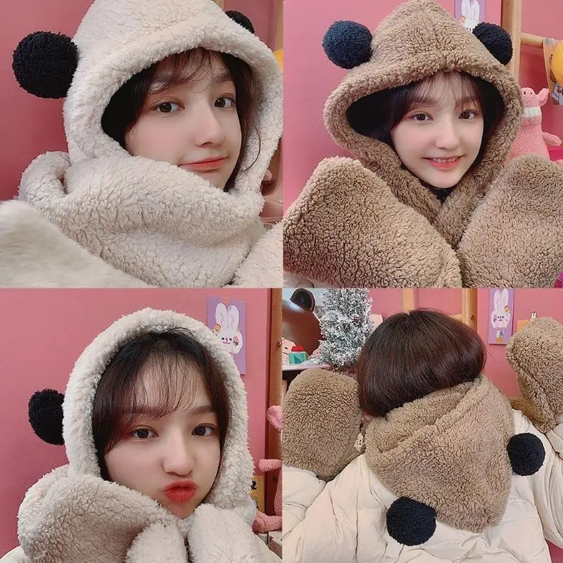 Sweet Bear Ears Plush Hat Scarf Hat Windproof Warm Hoodies Scarf for w/ Mit