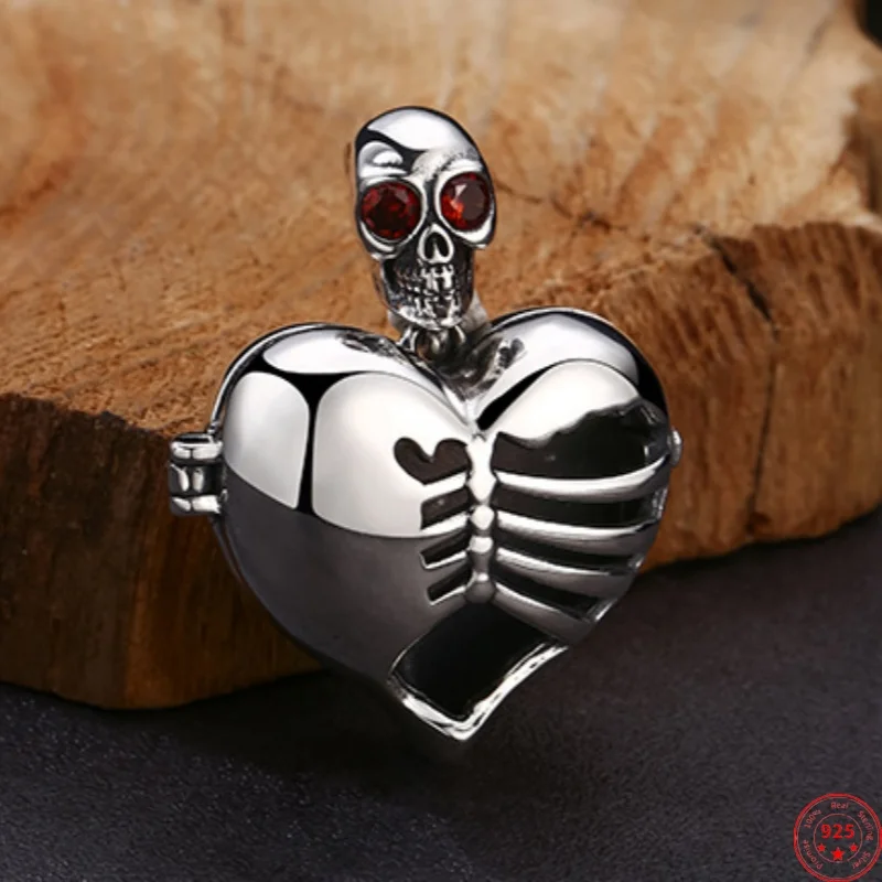 Genuine S925 Sterling Silver Pendants for Women Men New Fashion Hollow Love Skull-Heart can be Opened Jewelry Wholesale