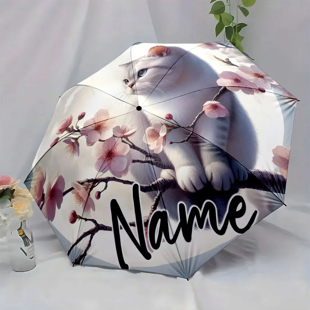Custom Name Umbrella Charming Cat and Cherry Blossoms on Umbrella Print 8 Iron Ribs Folding Umbrella Auto-Open Fashion Sunshade