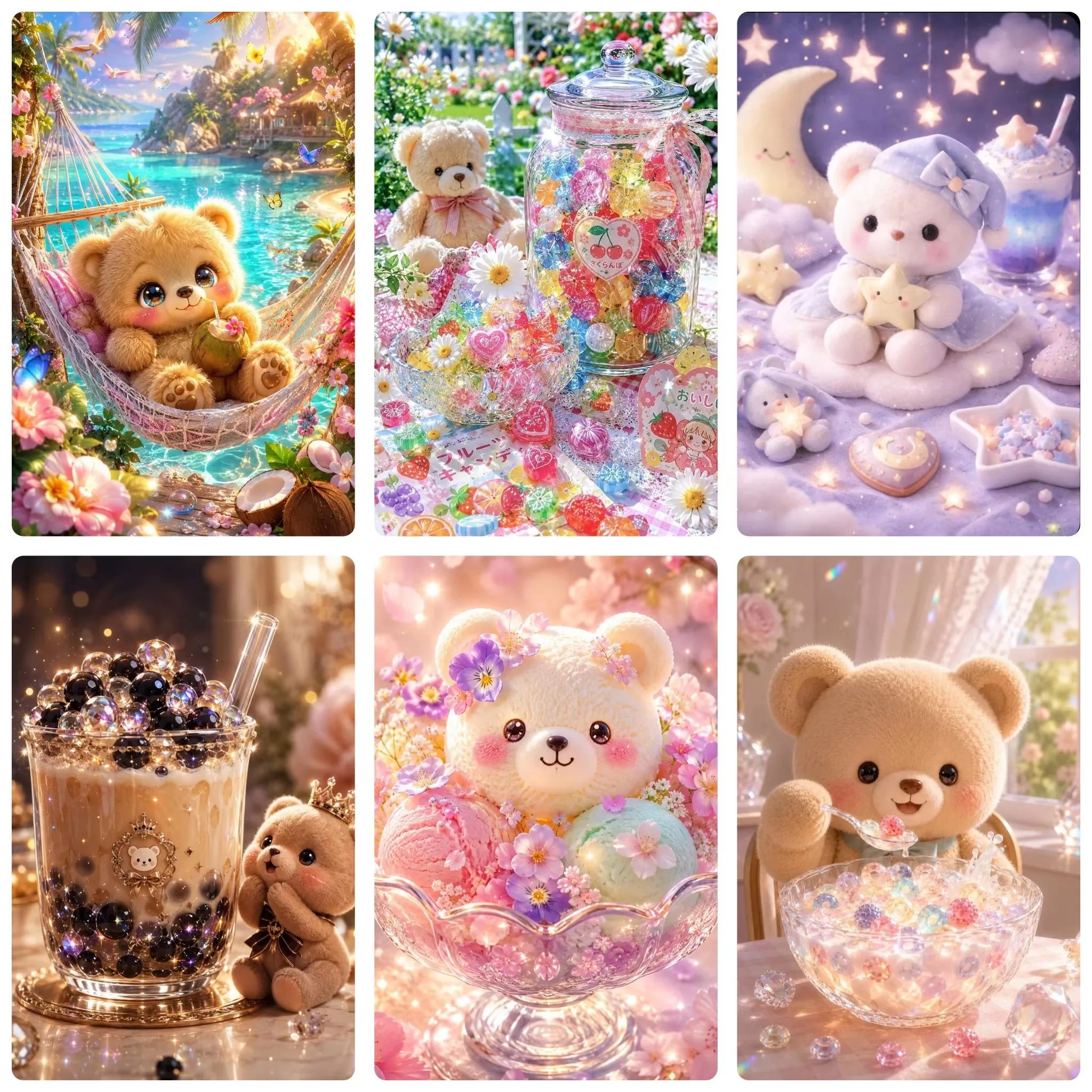 Photo Mosaic Print - ダイヤモンドペインティング ドリーミーテディベア かわいいぬいぐるみベア 甘いファンタジーシーン モザイク 手作りアートワーク
