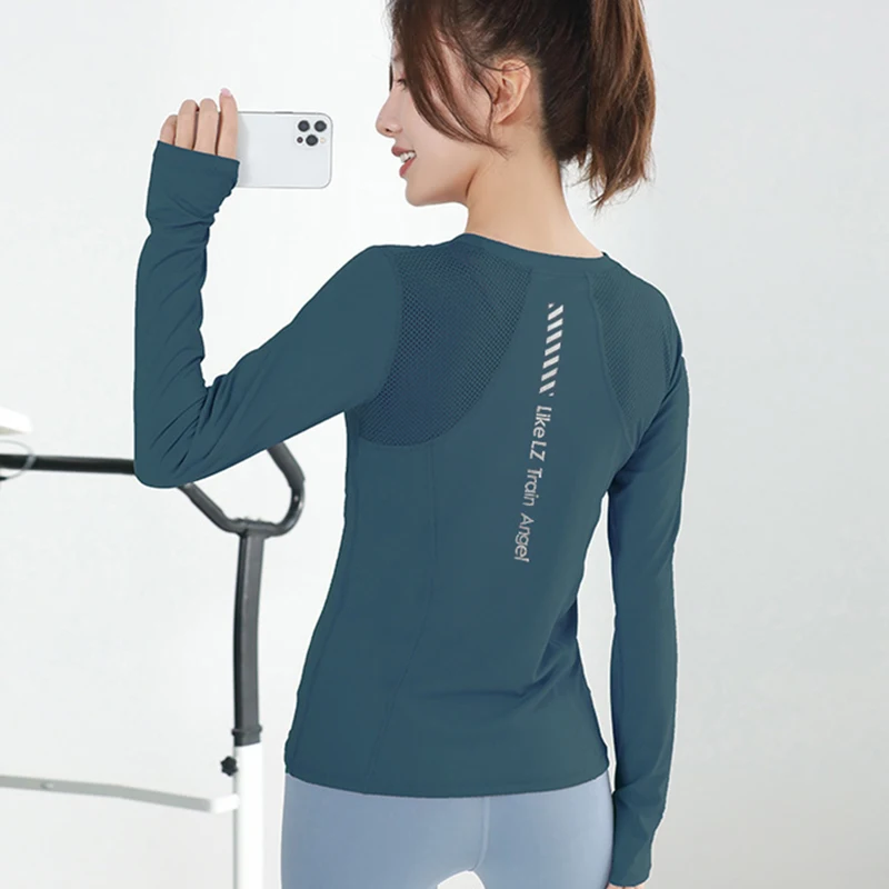 Women Sports Shirt Sexy Mesh Long Sleeves Breathable Fitness Yoga Wear Workout T-shirts Quick Drying Sportswear For Women Gym