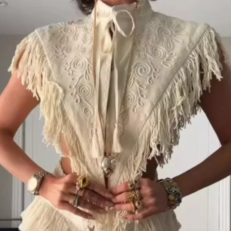 Apricot Embroidery Fringe Cape Collar Shawl Front Tie Tassel Strap Vintage Hollow Out Cropped Women Poncho Cover Up Top 260701