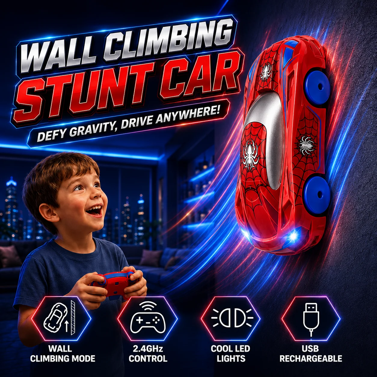 Wall Climbing RC Car 360° Stunt Remote Control Car with LED Lights USB Rechargeable Anti Gravity Racer Toy for Kids Boys Gift
