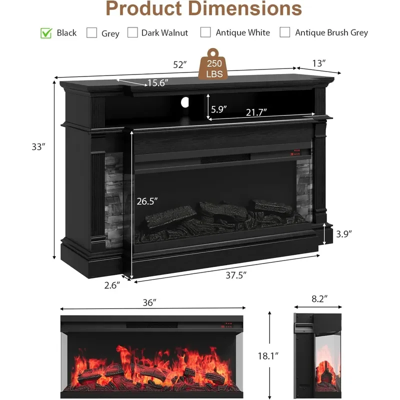 Fireplace TV Stand for TVs up to 65 Farmhouse 52 Fireplace Entertainment Center with 36 3-Side Glass Electric Fireplace